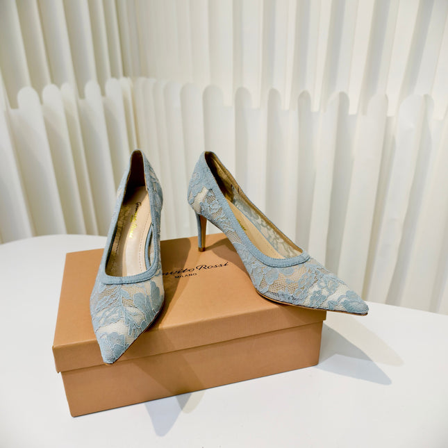 GIANVITO ROSSI 26S HIGH HEELS 85 MM IN PASTEL BLUE LACE FABRIC