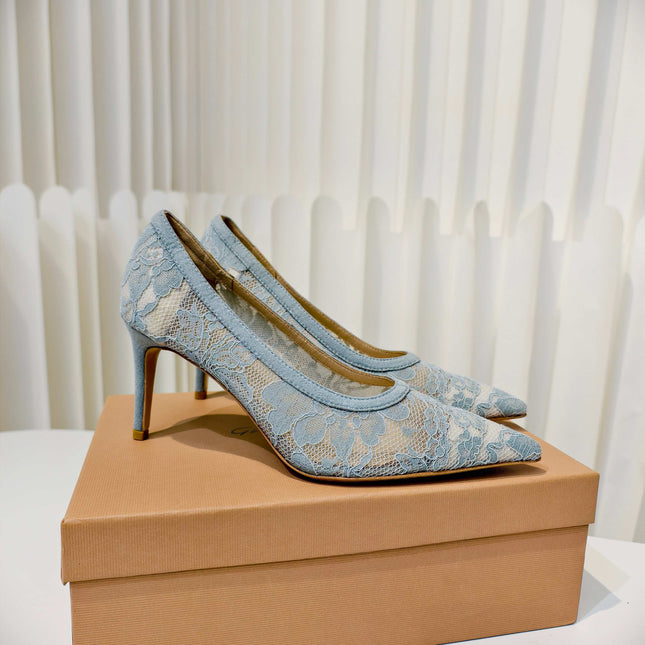 GIANVITO ROSSI 26S HIGH HEELS 85 MM IN PASTEL BLUE LACE FABRIC