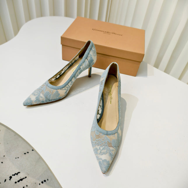 GIANVITO ROSSI 26S HIGH HEELS 85 MM IN PASTEL BLUE LACE FABRIC