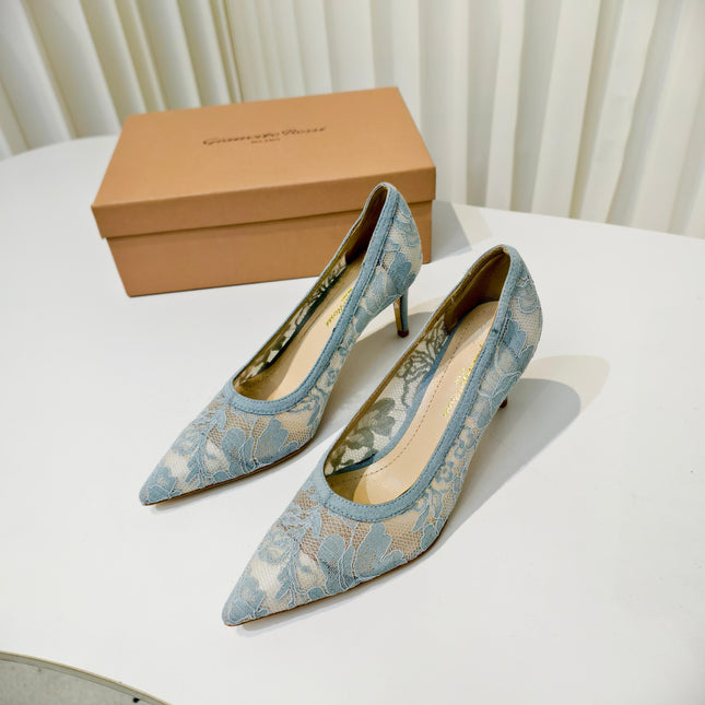 GIANVITO ROSSI 26S HIGH HEELS 85 MM IN PASTEL BLUE LACE FABRIC