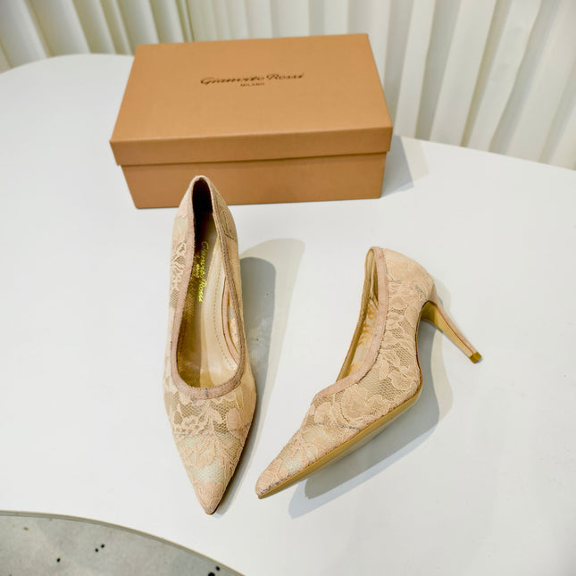 GIANVITO ROSSI 26S HIGH HEELS 85 MM IN NUDE LACE FABRIC