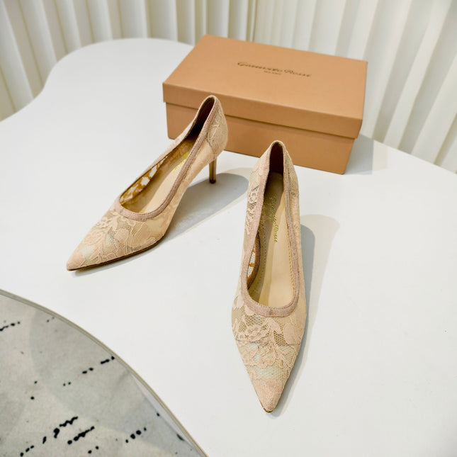 GIANVITO ROSSI 26S HIGH HEELS 85 MM IN NUDE LACE FABRIC
