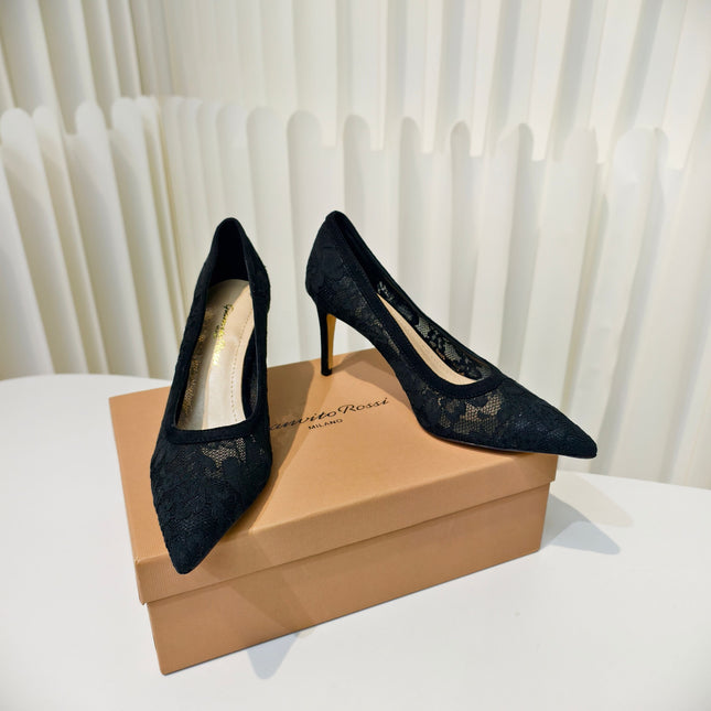 GIANVITO ROSSI 26S HIGH HEELS 85 MM IN BLACK LACE FABRIC