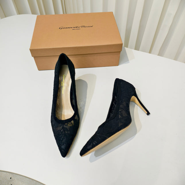 GIANVITO ROSSI 26S HIGH HEELS 85 MM IN BLACK LACE FABRIC