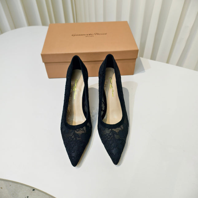 GIANVITO ROSSI 26S HIGH HEELS 85 MM IN BLACK LACE FABRIC