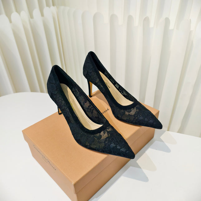 GIANVITO ROSSI 26S HIGH HEELS 85 MM IN BLACK LACE FABRIC