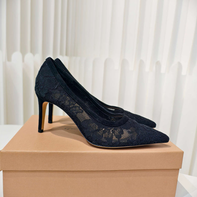 GIANVITO ROSSI 26S HIGH HEELS 85 MM IN BLACK LACE FABRIC