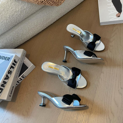 Silver High - Heels With Black Bow Calfskin