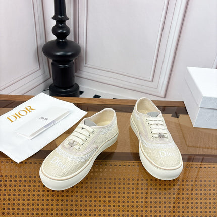 DIOR 26S LOW TOP SNEAKERS IN BEIGE CANVAS WITH WHITE LACE TRIM & LOGO PRINT