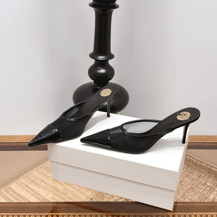 YSL 26S HEELED MULES 75 MM IN BLACK CALFSKIN & MESH