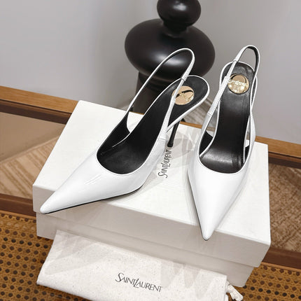 YSL 26S SLINGBACK PUMPS 105 MM IN WHITE PATENT CALFSKIN