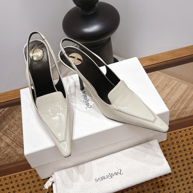 YSL 26S POINTED-TOE SLINGBACK 105 MM IN CREAM WHITE PATENT CALFSKIN