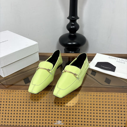 YSL 26S SQUARE-TOE LOAFERS IN PASTEL GREEN GLOSSY CALFSKIN WITH METAL BAR