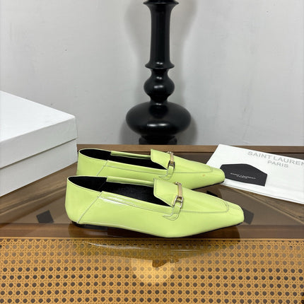 YSL 26S SQUARE-TOE LOAFERS IN PASTEL GREEN GLOSSY CALFSKIN WITH METAL BAR