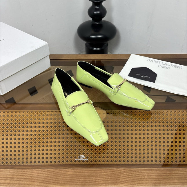 YSL 26S SQUARE-TOE LOAFERS IN PASTEL GREEN GLOSSY CALFSKIN WITH METAL BAR