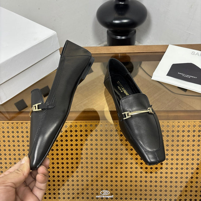 YSL 26S SQUARE-TOE LOAFERS IN BLACK CALFSKIN WITH METAL BAR