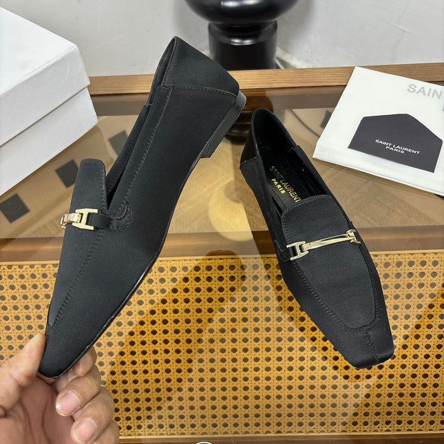 YSL 26S SQUARE-TOE LOAFERS IN BLACK SATIN WITH METAL BAR