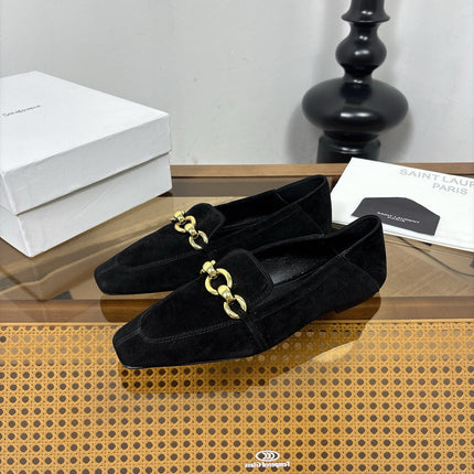 YSL 26S SQUARE-TOE LOAFERS IN BLACK SUEDE WITH GOLD HARDWARE