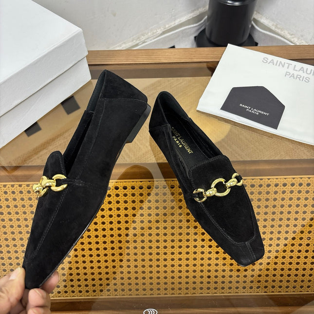 YSL 26S SQUARE-TOE LOAFERS IN BLACK SUEDE WITH GOLD HARDWARE