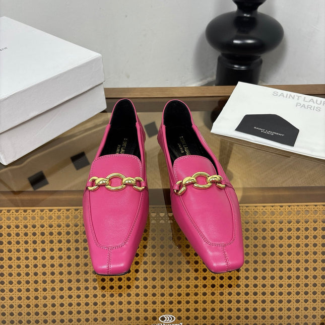 YSL 26S SQUARE-TOE LOAFERS IN PINK CALFSKIN WITH GOLD HARDWARE