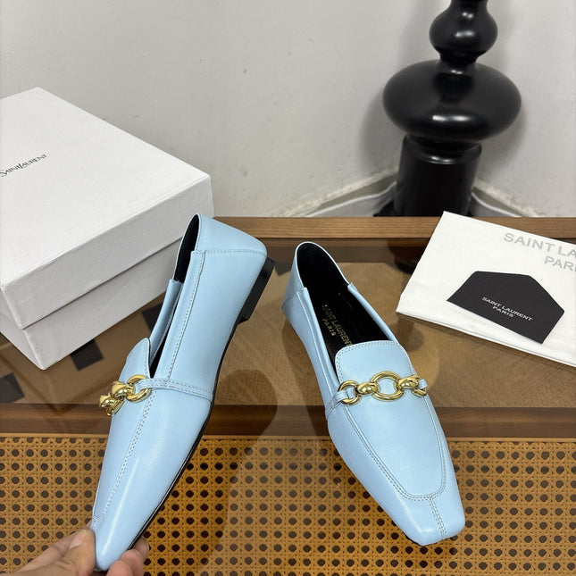YSL 26S SQUARE-TOE LOAFERS IN LIGHT BLUE CALFSKIN WITH GOLD HARDWARE