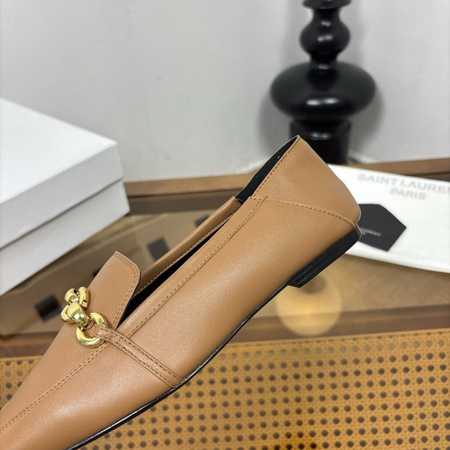 YSL 26S SQUARE-TOE LOAFERS IN LIGHT BROWN CALFSKIN WITH GOLD HARDWARE