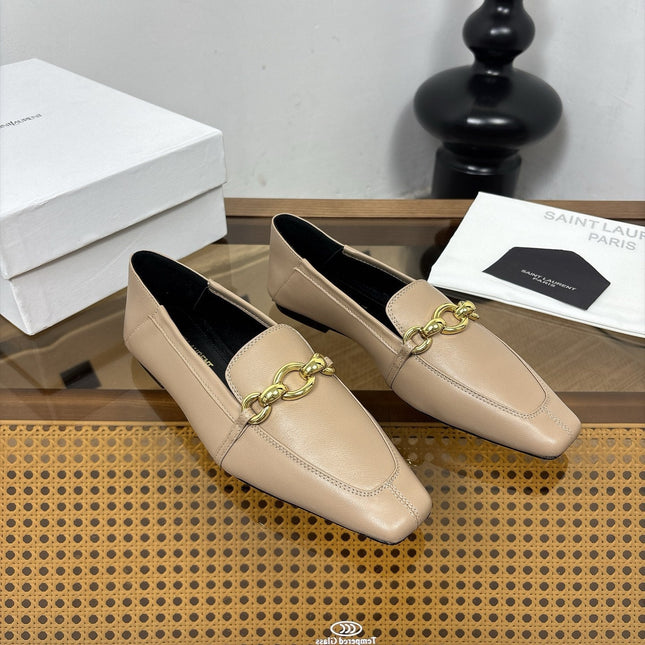 YSL 26S SQUARE-TOE LOAFERS IN BEIGE CALFSKIN WITH GOLD HARDWARE