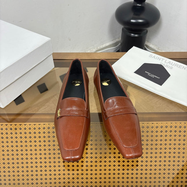 YSL 26S SQUARE-TOE LOAFERS IN BROWN SHINY CALFSKIN