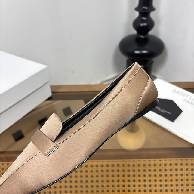 YSL 26S SQUARE-TOE LOAFERS IN GOLDEN BEIGE SATIN