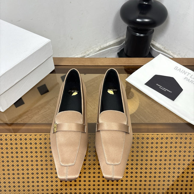 YSL 26S SQUARE-TOE LOAFERS IN GOLDEN BEIGE SATIN