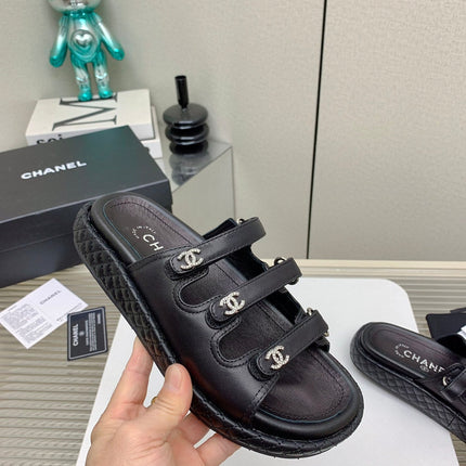 DAD SANDALS 3 STRAPS IN BLACK CALFSKIN