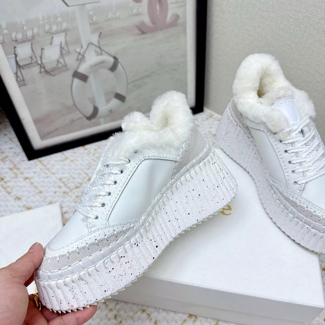 CHLOÉ 26S WEDGE SOLE SNEAKERS IN WHITE CALFSKIN