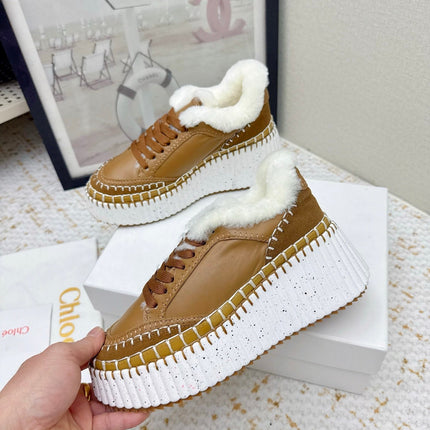 CHLOÉ 26S WEDGE SOLE SNEAKERS IN BROWN CALFSKIN
