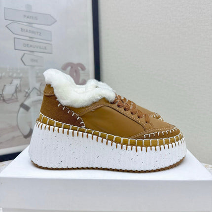 CHLOÉ 26S WEDGE SOLE SNEAKERS IN BROWN CALFSKIN