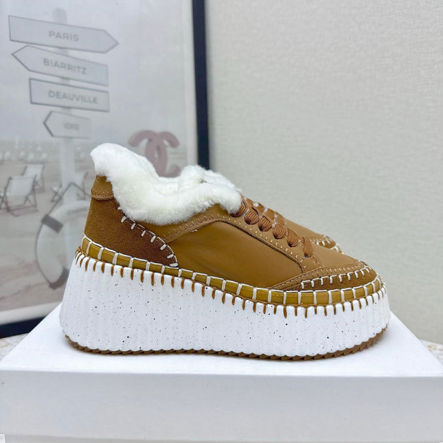 CHLOÉ 26S WEDGE SOLE SNEAKERS IN BROWN CALFSKIN