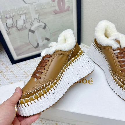 CHLOÉ 26S WEDGE SOLE SNEAKERS IN BROWN CALFSKIN