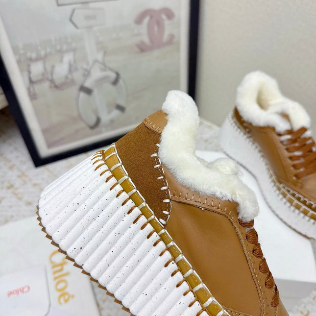 CHLOÉ 26S WEDGE SOLE SNEAKERS IN BROWN CALFSKIN