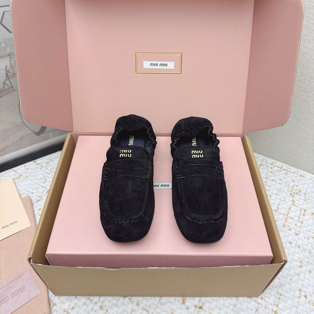 MIUMIU 25S NAPPA LOAFERS IN BLACK SUEDE
