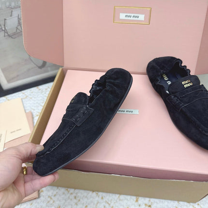 MIUMIU 25S NAPPA LOAFERS IN BLACK SUEDE