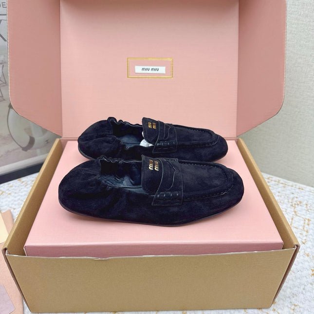 MIUMIU 25S NAPPA LOAFERS IN BLACK SUEDE