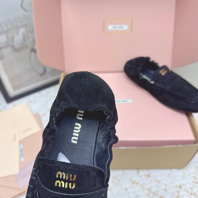 MIUMIU 25S NAPPA LOAFERS IN BLACK SUEDE