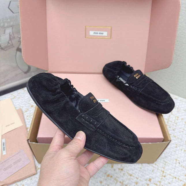 MIUMIU 25S NAPPA LOAFERS IN BLACK SUEDE