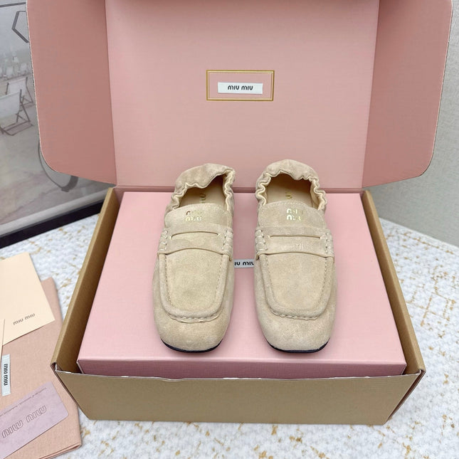 MIUMIU 25S NAPPA LOAFERS IN BEIGE SUEDE