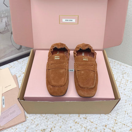 MIUMIU 25S NAPPA LOAFERS IN CARAMEL BROWN SUEDE