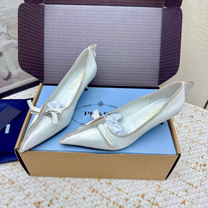 PRADA 26S ANTIQUED LEATHER PUMPS 55MM IN CREAM WHITE CALFSKIN