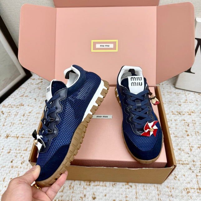 MIUMIU 26S CHARM SNEAKERS IN NAVY BLUE MESH AND SUEDE