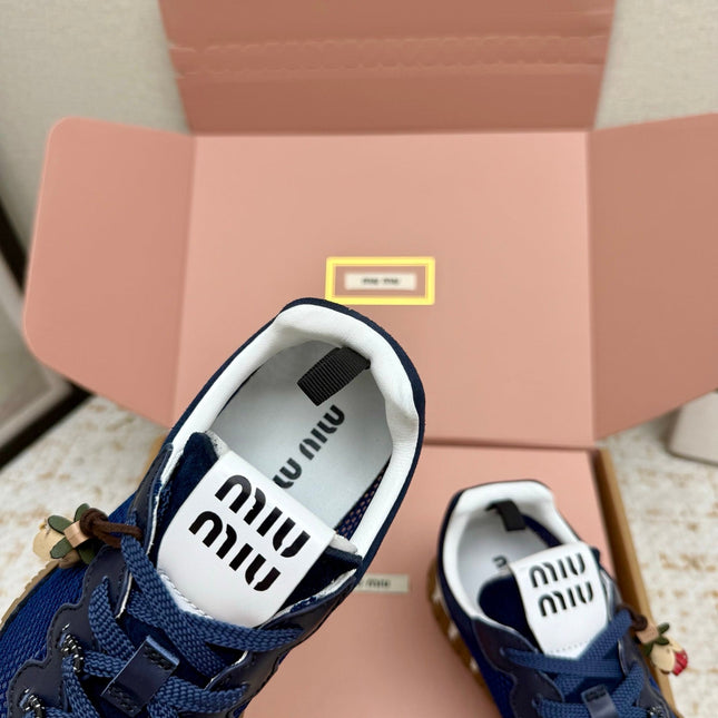 MIUMIU 26S CHARM SNEAKERS IN NAVY BLUE MESH AND SUEDE