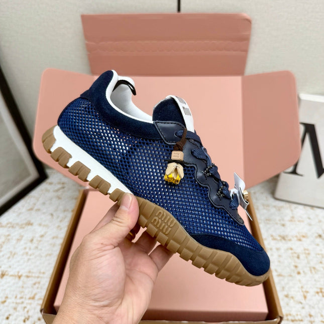 MIUMIU 26S CHARM SNEAKERS IN NAVY BLUE MESH AND SUEDE