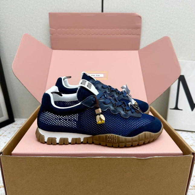 MIUMIU 26S CHARM SNEAKERS IN NAVY BLUE MESH AND SUEDE