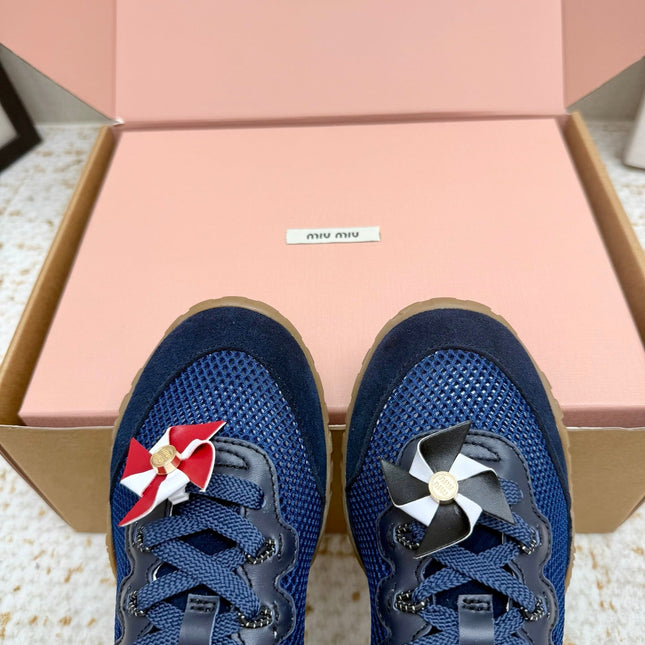MIUMIU 26S CHARM SNEAKERS IN NAVY BLUE MESH AND SUEDE